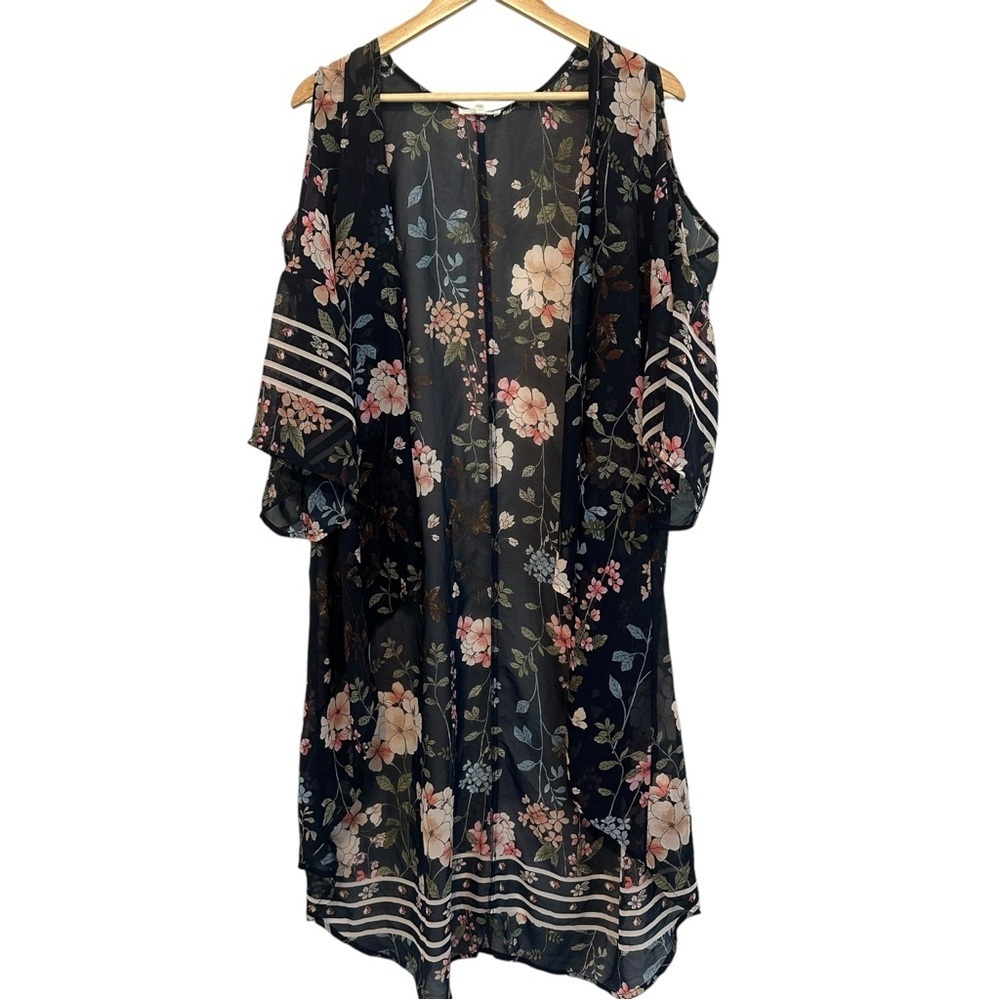 Women's L / XL Open Front Navy Floral Fairy Whimsical Cold Shoulder Long Kimono